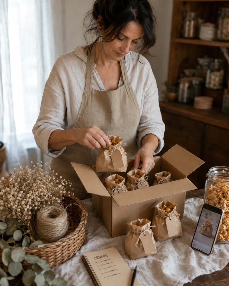 Packing personalized popcorn favors to sell
