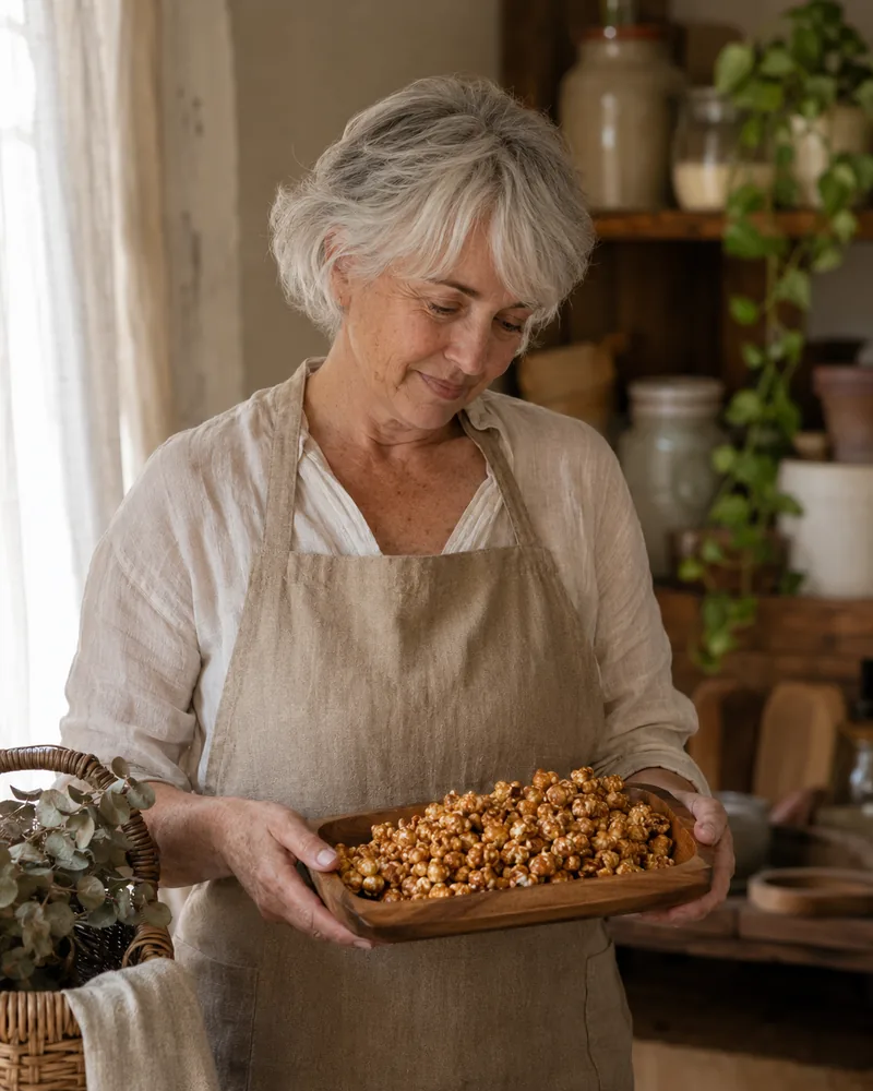 Woman holding a finished tray of gourmet popcorn